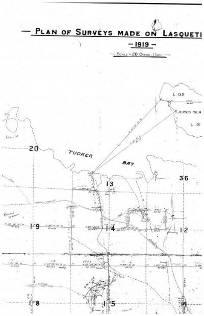 Tucker Bay Survey Map, dated 1919, showing public road and exact location of wharf Tucker Bay Survey, 1919
